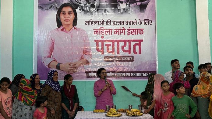 Sonia Doohan speaking at a mahila panchayat | Sagrika Kissu | ThePrint