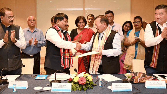 File photo of Assam Border Protection and Development Minister Atul Bora with Mizoram Home Minister Lalchamliana at a meeting regarding Assam-Mizoram border dispute | ANI