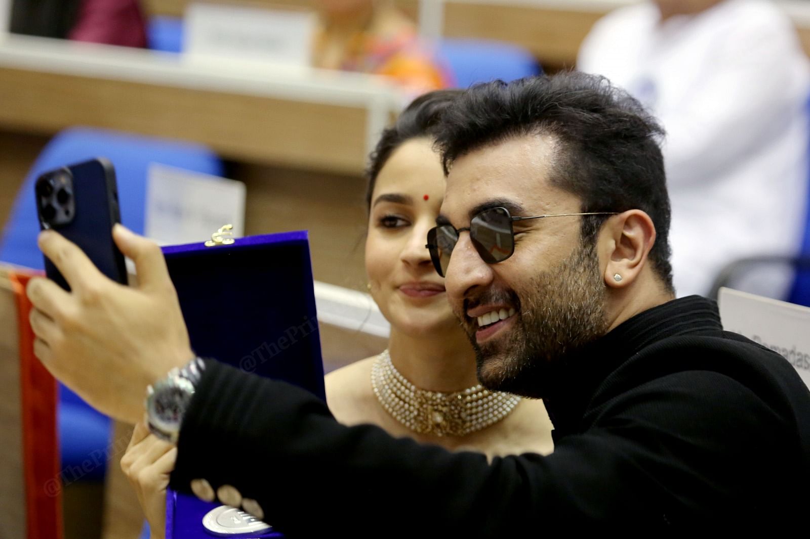 Actress Alia Bhatt with Ranbir Kapoor taking selfie with Award during the 69th National Film Awards in New Delhi | Praveen Jain | ThePrint