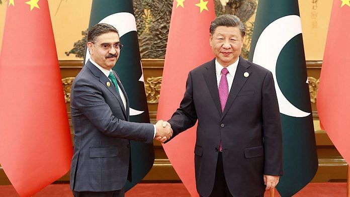 Chinese President Xi Jinping meets Caretaker PM of Pakistan Anwar-ul-haq Kakar, who is in Beijing for the third Belt and Road Forum for International Cooperation, at the Great Hall of the People in Beijing | China Daily via Reuters