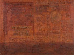 Words and Symbols, K. C. S. Panicker, 1966, Oil on board, 80.8 x 110.9 cm | Image courtesy of Cholomandel Artists Village & Google Arts and Culture