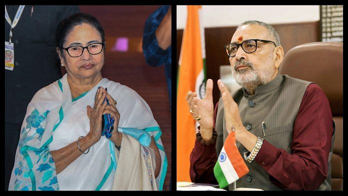 West Bengal Chief Minister Mamata Banerjee and Union rural development minister Giriraj Singh | File photos via ANI