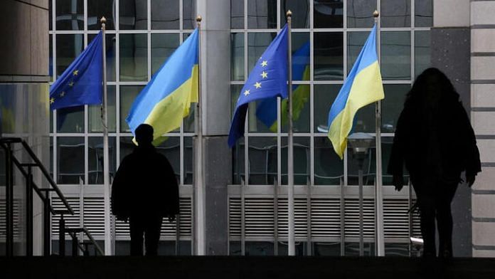 Flags of Ukraine fly in front of the EU Parliament building on the first anniversary of the Russian invasion, in Brussels, Belgium February 24, 2023 | REUTERS/Yves Herman