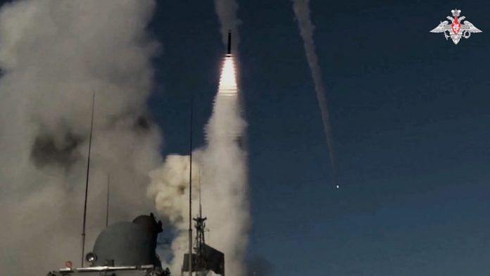 A frigate of the Russian Black Sea Fleet launches a Kalibr cruise missile at Ukraine's military infrastructure, according to Russian Defence Ministry, in the Black Sea, in this still image taken from video released November 29. 2023. Russian Defence Ministry/Handout via REUTERS