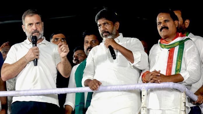 Congress leader Rahul Gandhi addresses the supporters during a padayatra from Shadnagar railway station to Shadnagar Chowrasta, in Rangareddy on Wednesday | ANI