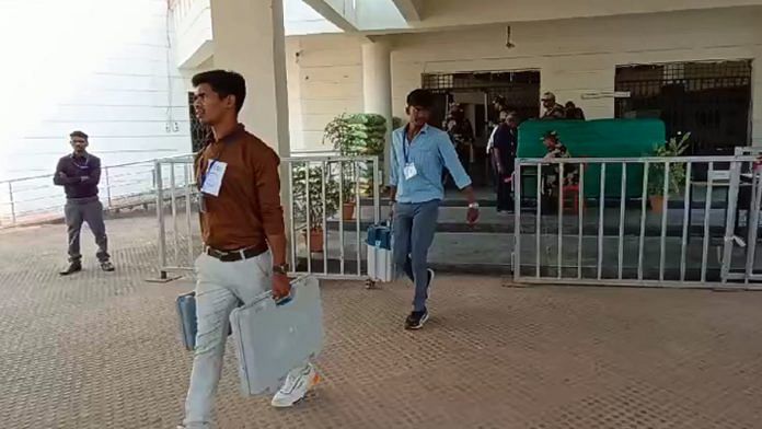 Polling officials leave for polling stations after collecting EVMs and other election materials from a distribution centre ahead of Chhattisgarh assembly elections, in Kanker on Monday | ANI