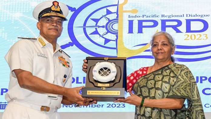 Navy chief Admiral R. Hari Kumar presents a memento to Union Finance Minister Nirmala Sitharaman at the Indo-Pacific Regional Dialogue 2023, in New Delhi Wednesday | ANI