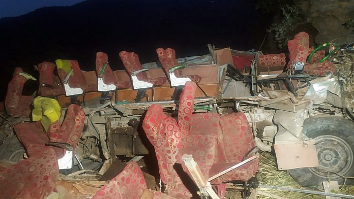 Mangled remains of a bus are seen after it fell into a gorge, claiming the lives of 36 people and injuring 19 others, in Doda on Wednesday | ANI