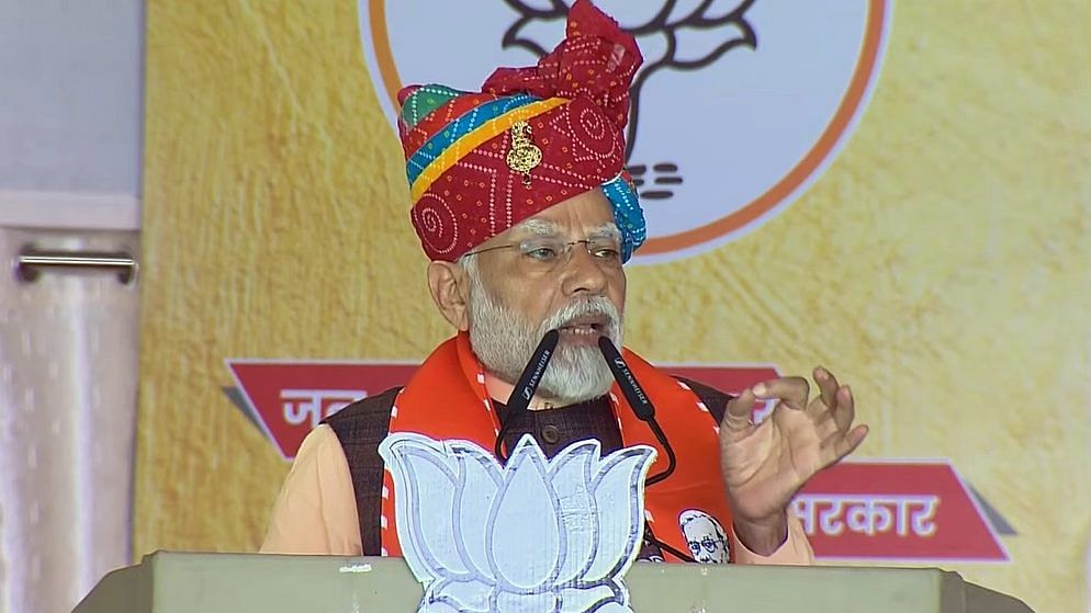 Prime Minister Narendra Modi addresses a public meeting for the Rajasthan Assembly elections, in Jahazpur on Wednesday | ANI Photo