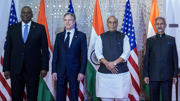 Defence Minister Rajnath Singh and External Affairs Minister S Jaishankar with US Secretary of State Antony Blinken and US Secretary of Defence Lloyd Austin pose for a group photo before the 5th India-US 2+2 Ministerial Dialogue, at Sushma Swaraj Bhavan, in New Delhi on Friday | PTI Photo/Kamal Singh