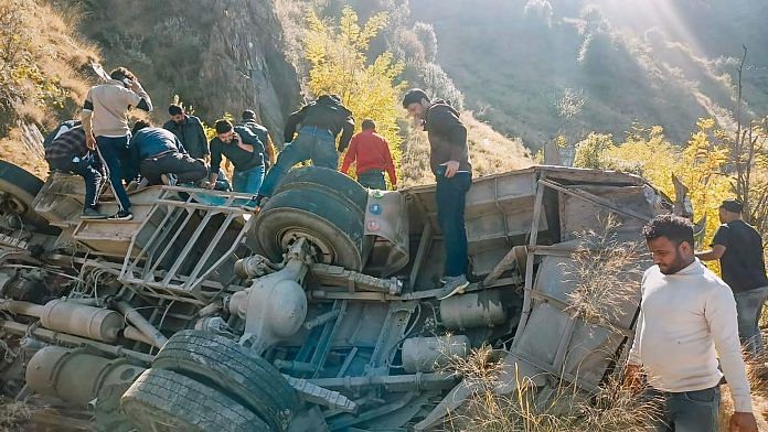 Rescue operation underway after a bus carrying passengers fell into a gorge, in Doda district of Jammu & Kashmir, on Wednesday. At least 36 people were killed and 19 others suffered injuries | PTI Photo