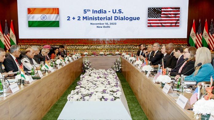 Defence Minister Rajnath Singh, Union Minister for External Affairs S. Jaishankar, US Secretary of Defence Lloyd Austin and US Secretary of State Antony Blinken co-chair the 5th India-US 2+2 Ministerial Dialogue, in New Delhi, 10 November | Photo: ANI