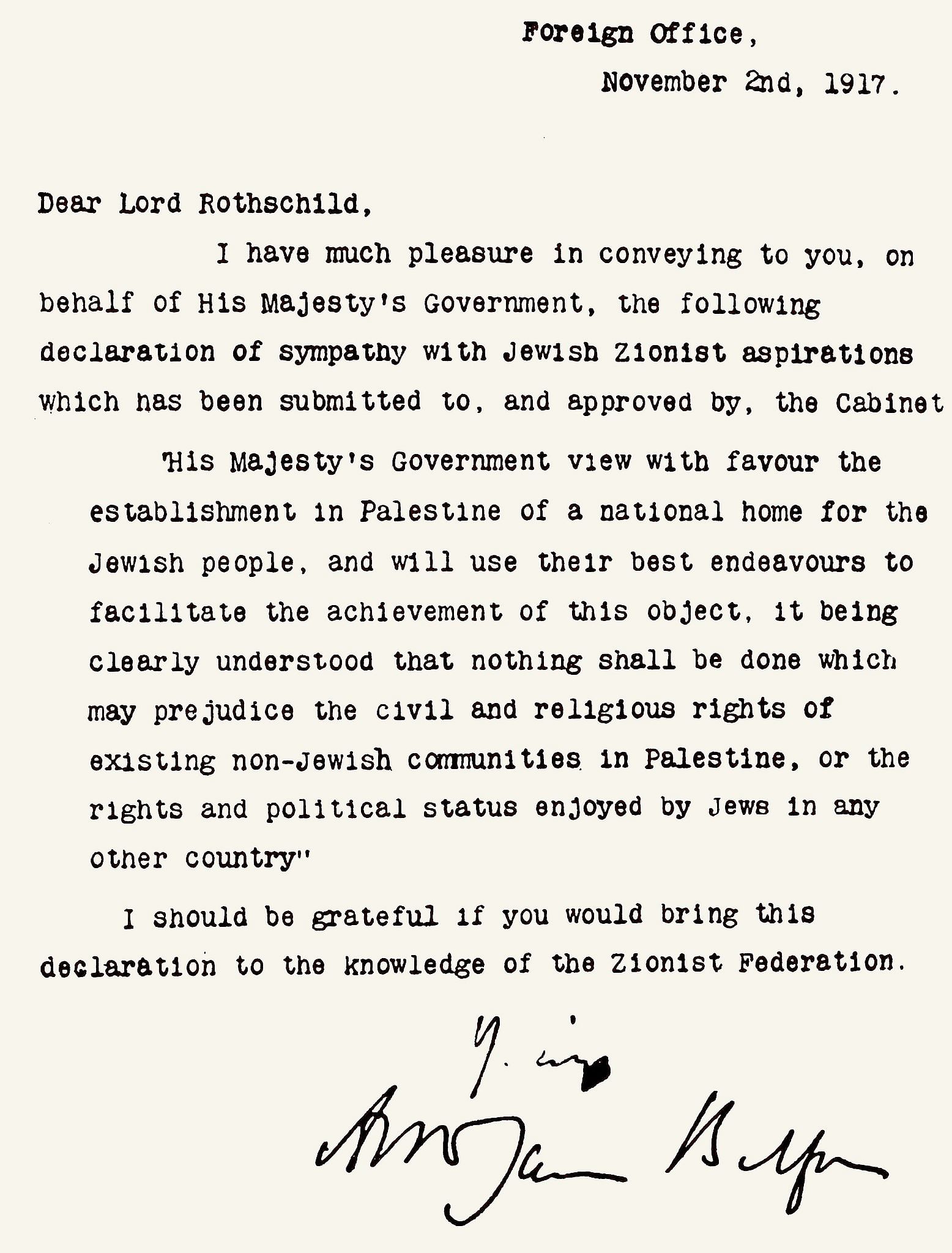 Archival copy of the Balfour Declaration | Commons