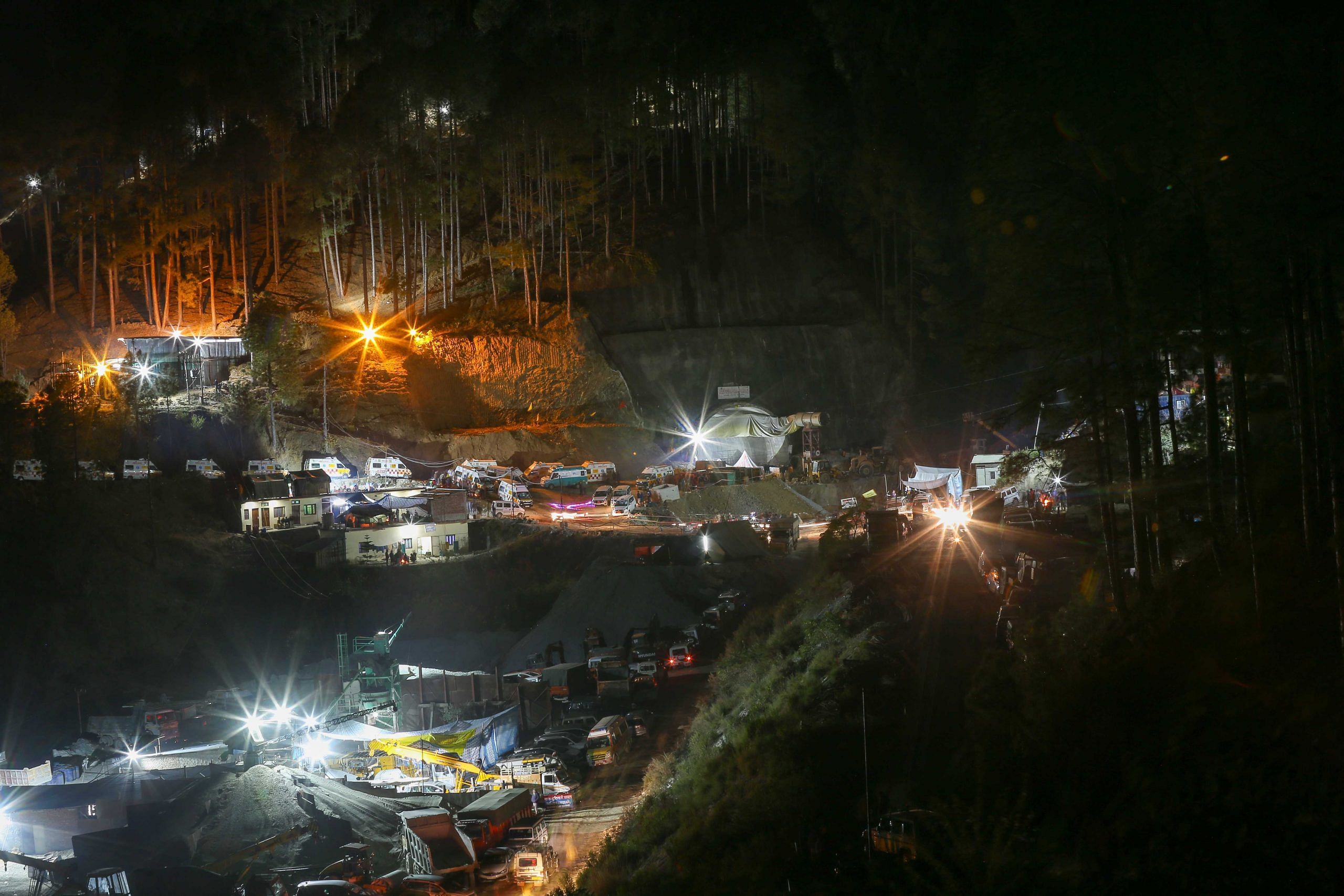 A night view of collapsed Silkyara tunnel in the Uttarkashi | Suraj Singh Bisht | ThePrint
