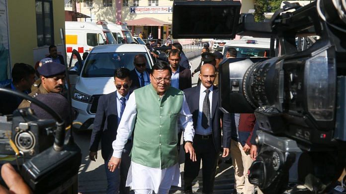 Uttarakhand Chief Minister Pushkar Singh Dhami leaves hospital after meeting with the rescued workers in Chinyalisaur Wednesday | Photo: Suraj Singh Bisht/ThePrint