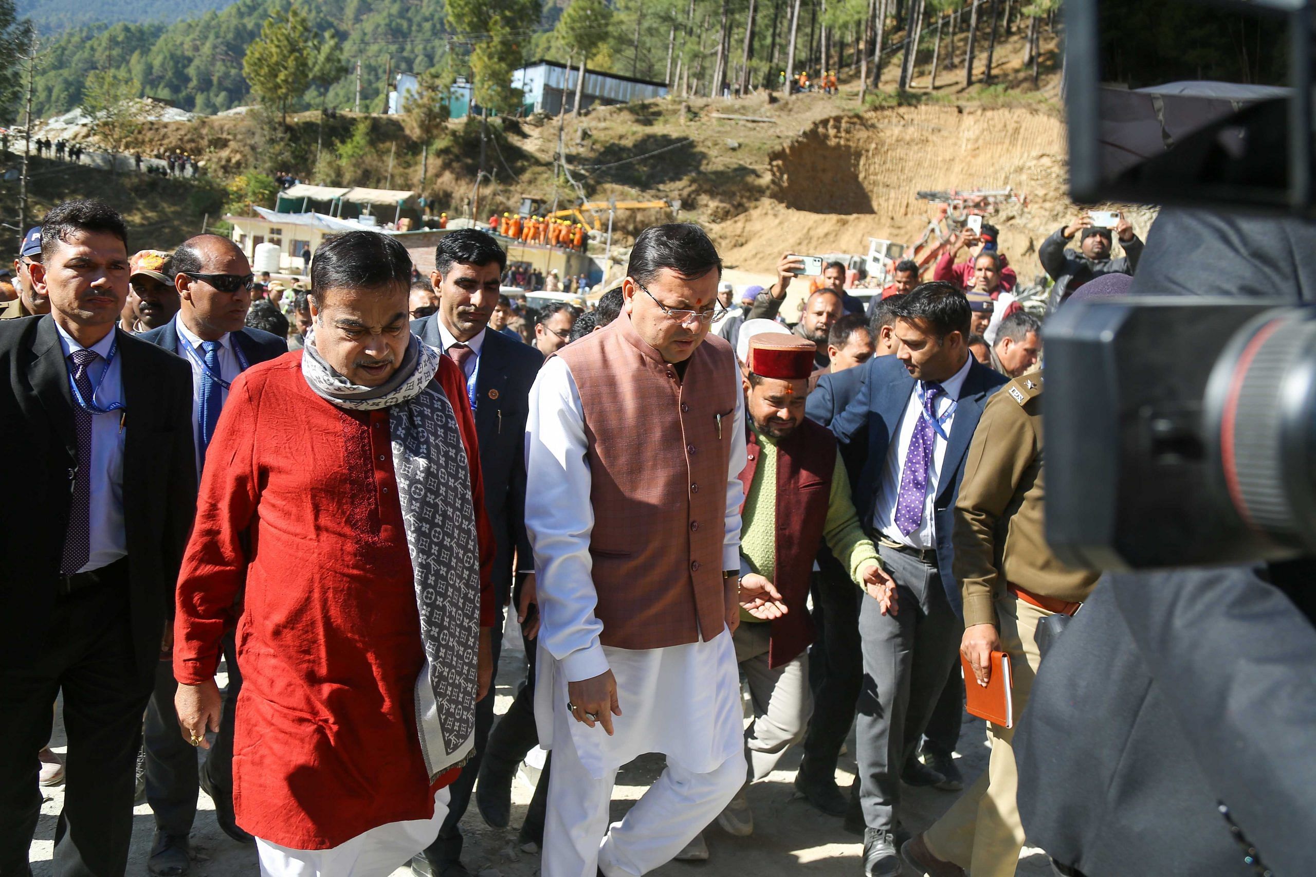 Union Minister Nitin Gadkari and Uttarakhand Chief Minister Pushkar Singh Dhami arrive at the disaster site | Suraj Singh Bisht | ThePrint
