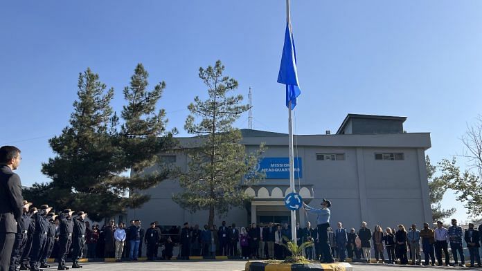 UN staff in Afghanistan observe a minute of silence and lower the flag to half-mast, mourning the death of more than 100 colleagues killed in Gaza – the highest number of UN aid workers killed in a conflict in the history of the organization | X /@UNAMAnews