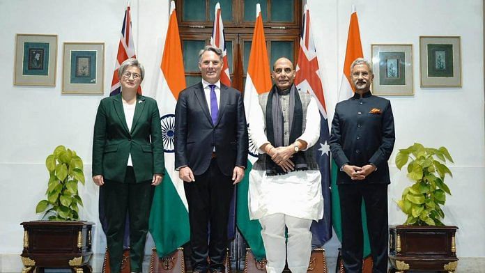 (Left to right) Australian foreign minister Penny Wong, Australian defence minister Richard Marles, defence minister Rajnath Singh and external affairs minister S. Jaishankar at India-Australia 2+2 dialogue in New Delhi Monday | Photo: PTI