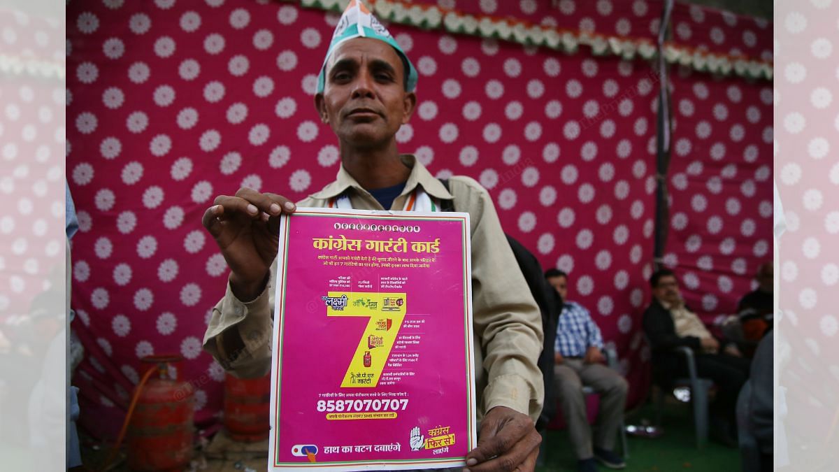 A congress supporter holds up a poster of party's 'Guarantee Card' for Rajasthan | Photo: Manisha Mondal, ThePrint 