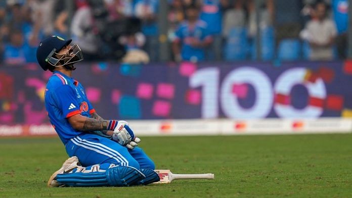 Virat Kohli celebrates his century during the ICC Men's Cricket World Cup 2023 semi-final match between India and New Zealand, at the Wankhede Stadium, in Mumbai, on 15 Nov 2023 | PTI