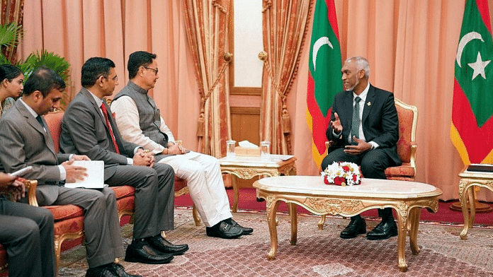 Union Minister for Earth Sciences Kiren Rijiju with Maldives President Mohamed Muizzu on Saturday | ANI