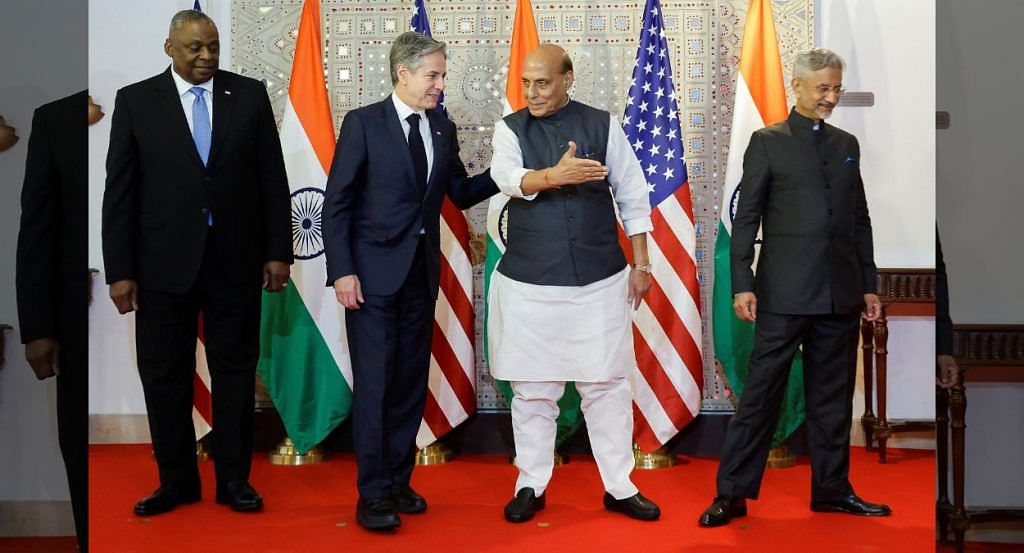 US Secretary of State Antony Blinken, Defence Secretary Lloyd Austin, External Affairs Minister Jaishankar and Defence Minister Rajnath Singh leave after participating in a family photo as part of the so-called "2+2 Dialogue" in New Delhi, on 10 Nov 2023 | Reuters/Jonathan Ernst/Pool