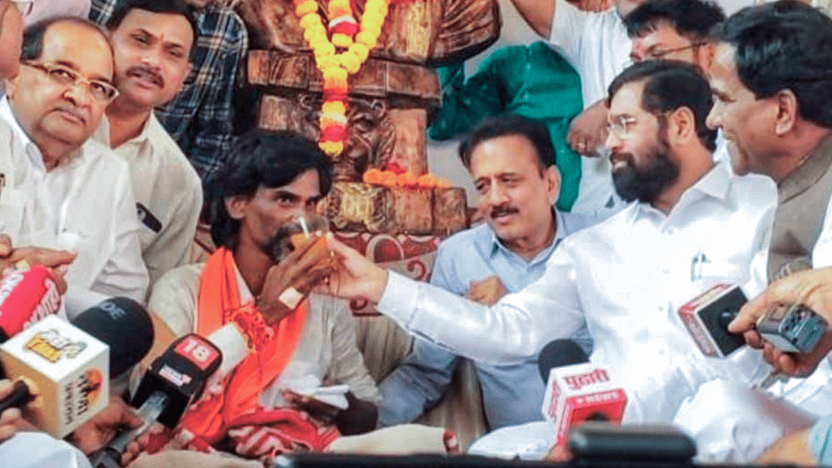 Maharashtra Chief Minister Eknath Shinde offers juice to Manoj Jarange Patil, who is on a hunger strike to protest for the Maratha reservation, during a meeting, at Antarwali-Sarati, in Jalna | ANI file