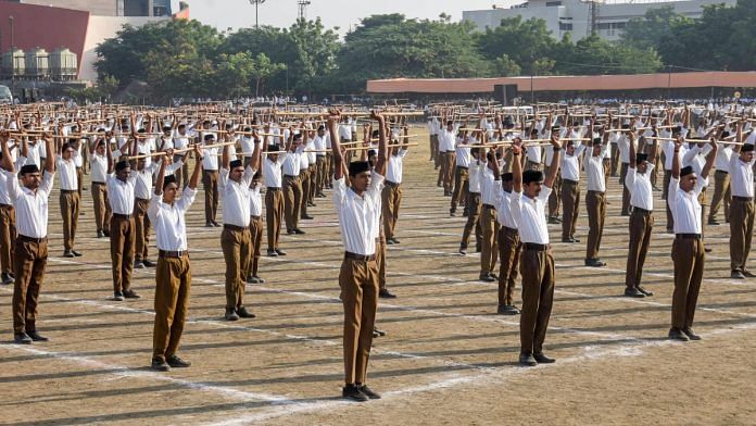File photo of RSS cadres during a drill in Nagpur | Representational image | ANI