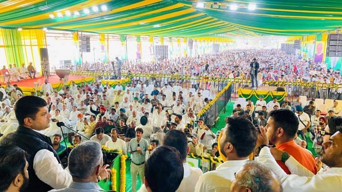 Haryana Deputy CM Dushyant Chautala addresses JJP’s Nav Sankalp Rally in Shahabad Sunday | Photo: By special arrangement