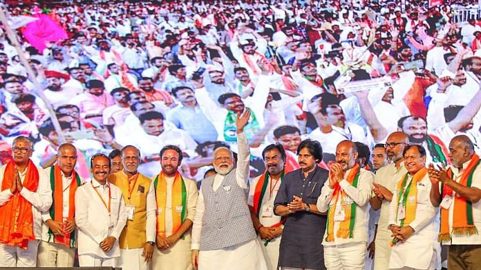 PM Narendra Modi with Union Minister and Telangana state BJP President G Kishan Reddy, Janasena Party President Pawan Kalyan and others during BJP's 'BC Atma Gourava Sabha', in Hyderabad | PTI