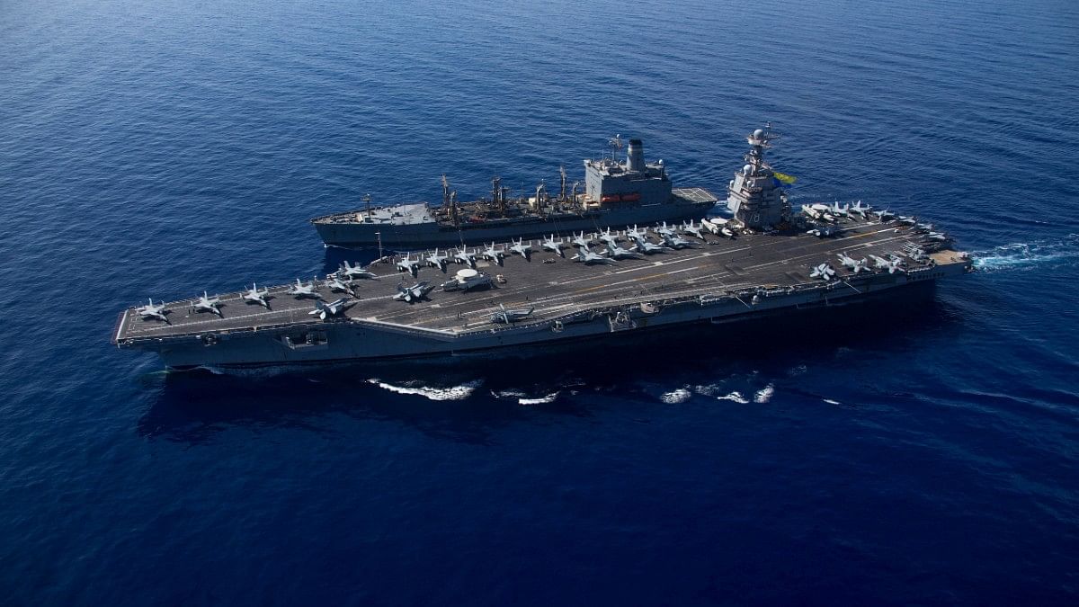 File photo of USS Gerald R. Ford during a fueling-at-sea in the eastern Mediterranean Sea | Handout via Reuters