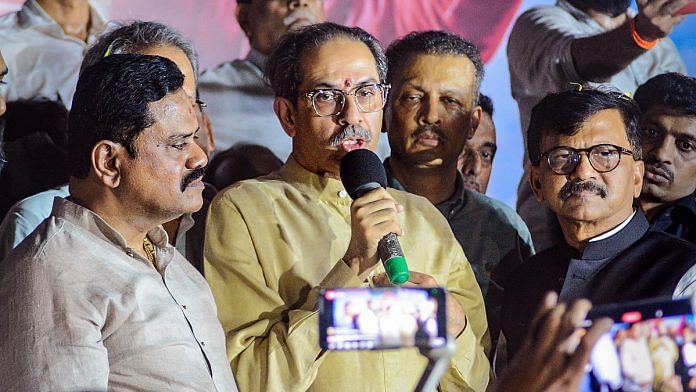 Shiv Sena (UBT) leader Uddhav Thackeray addresses the media after visiting the party's Mumbra office that was damaged few days ago, in Thane | PTI