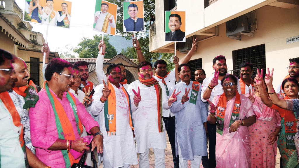 Bharatiya Janata Party supporters celebrate after panchayat poll results in Nagpur | ANI