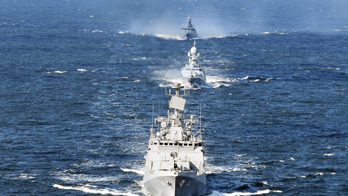 File photo of Indian and Rusian navy ships at a maritime exercise in Baltic Sea, in 2021 | ANI
