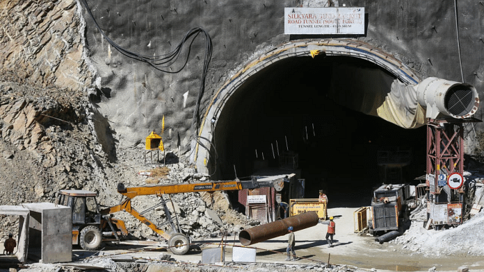 A view of pipes being inserted into debris at Silkyara Tunnel near Uttarkashi | Suraj Singh Bisht | ThePrint