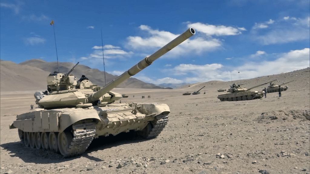 File photo of Indian Army's T-90 tanks at Chumar-Demchok area of Eastern Ladakh | ANI
