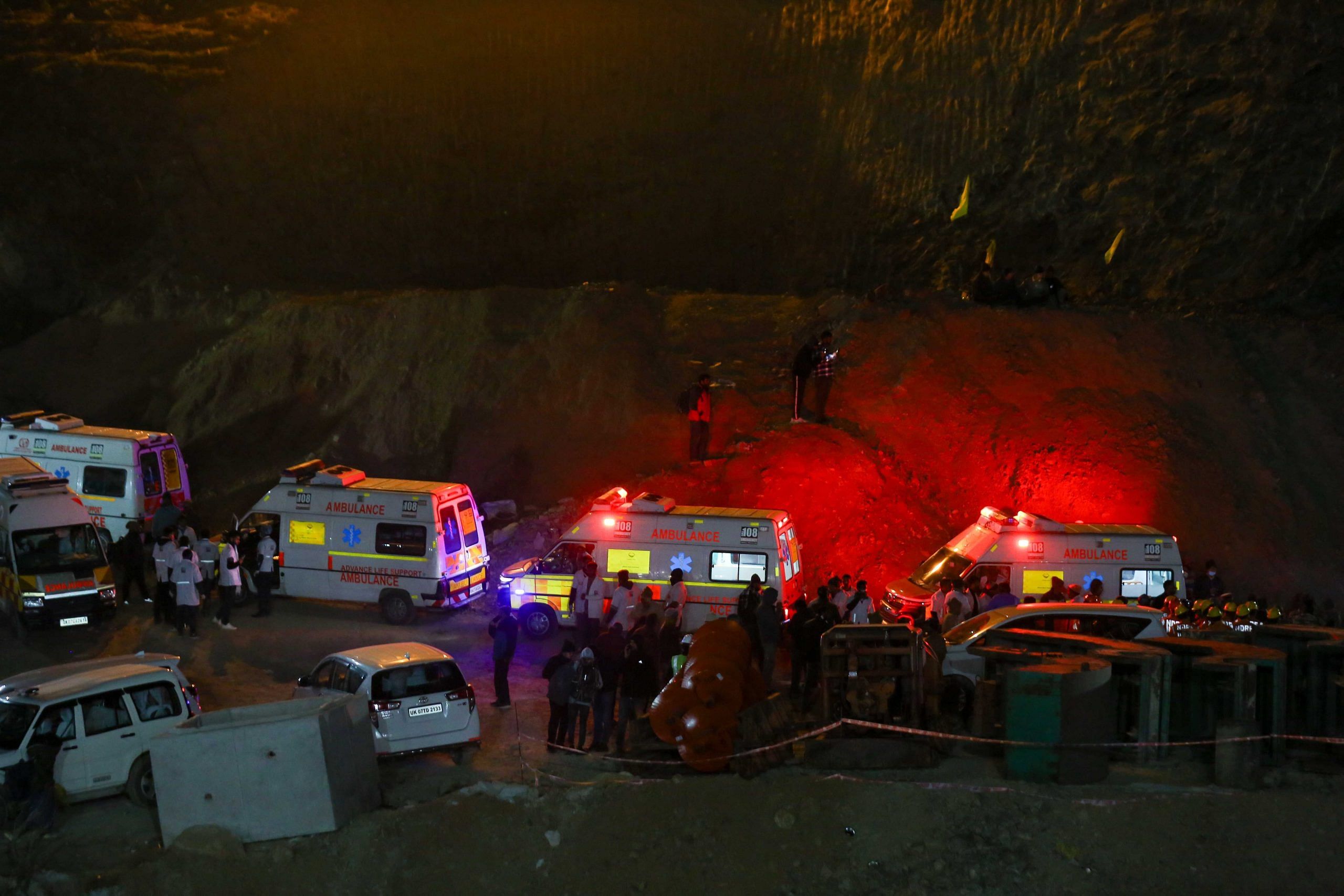 Ambulances in standy by in the entrance of the tunnel | Suraj Singh Bisht | ThePrint
