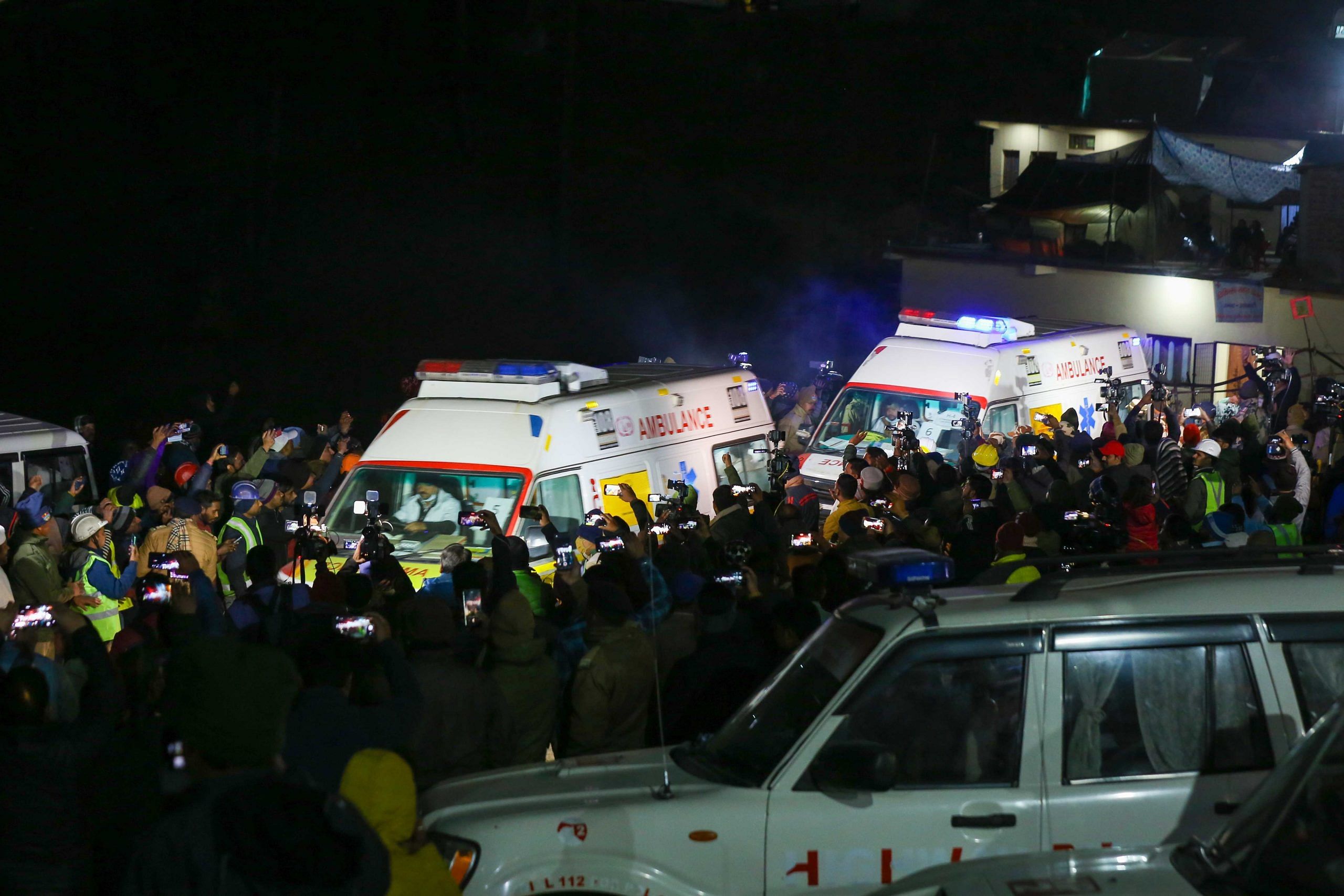 Ambulances carrying rescued workers leave after emergency and rescue teams safely brought out all trapped workers from the collapsed Silkyara tunnel in the Uttarkashi | Suraj Singh Bisht | ThePrint