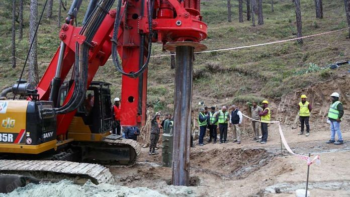 Vertical drilling is being conducted during a rescue operation to extract 41 workers trapped inside the collapsed Silkyara tunnel in Uttarkashi district | Suraj Singh Bisht | ThePrint