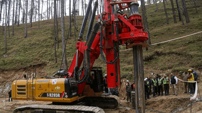 The vertical drilling machine at the Silkyara tunnel to rescue 41 workers trapped inside, in Uttarkashi district, Sunday | Suraj Singh Bisht | ThePrint