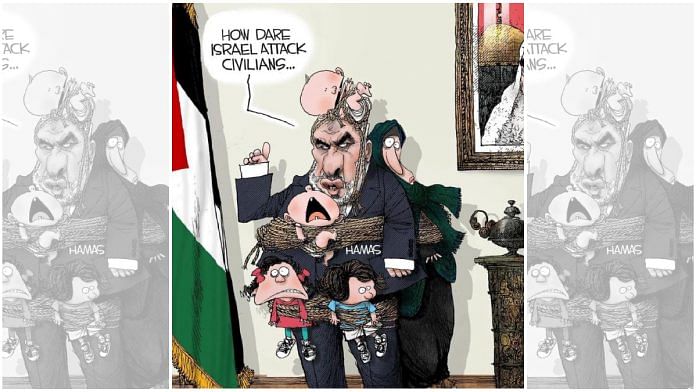 Cartoon by Michael Ramirez on use of 'human shields' by Hamas, now withdrawn by The Washington Post | X @fbhutto