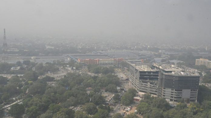A bird's-eye view of smog engulfing over the New Delhi Railway Station on 31 October 2023 | ANI photo