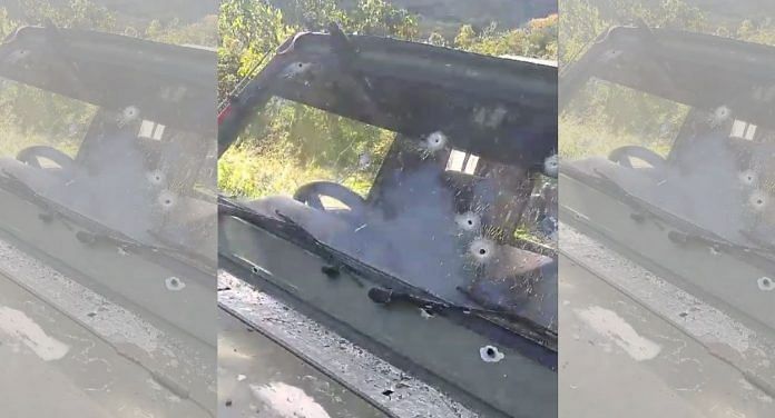 Screenshot from a video showing the bullet-riddled vehicle the deceased were travelling in along the Churachandpur-Kangpokpi road