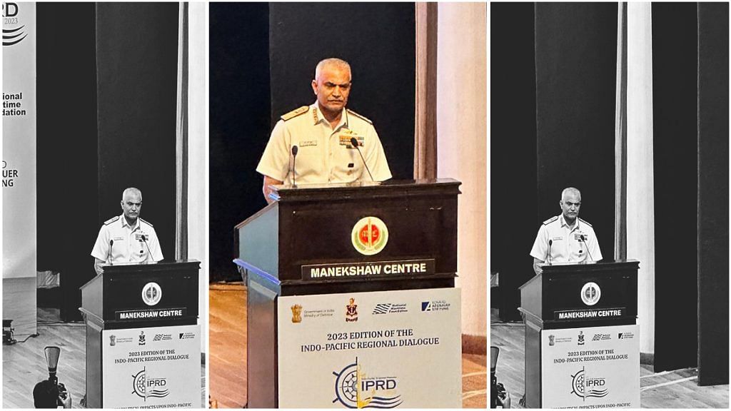 Admiral R. Hari Kumar delivers commemorative address at Indo-Pacific Regional Dialogue (IPRD) in New Delhi on Wednesday | Pic courtesy: X/@nmfindia