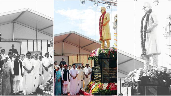 Tamil Nadu Chief Minister M.K. Stalin and Samajwadi Party president Akhilesh Yadav unveil the statue of former Prime Minister V.P. Singh, at Presidency College in Chennai Monday | ANI