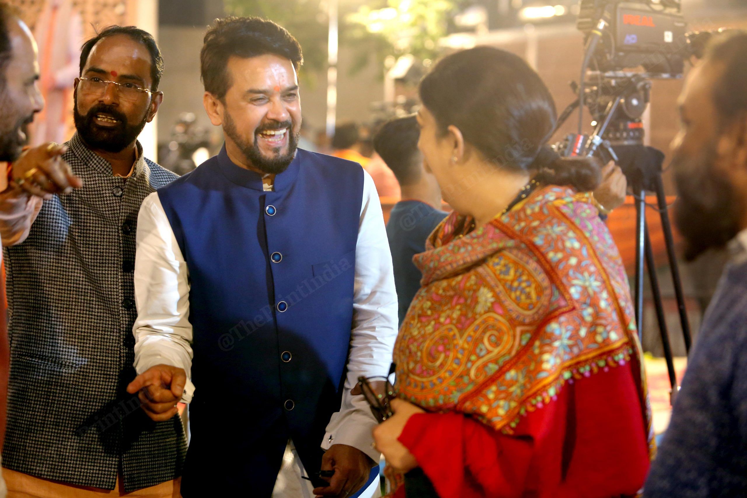 Union Minister Smriti Irani with Anurag Thakur at BJP HQ | Praveen Jain | ThePrint