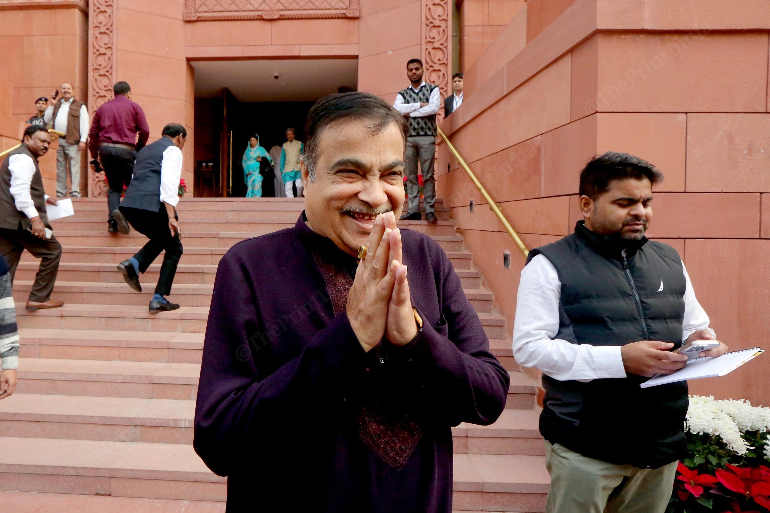 Union Minister Nitin Gadkari outside Parliament on the first day of the Winter session | Praveen Jain | ThePrint