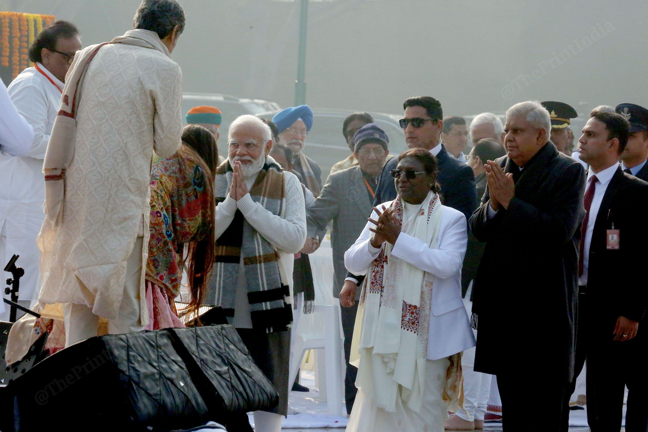 President Droupadi Murmu with Vice President Jagdeep Dhankhar, Prime Minister Narendra Modi greets the singers during Vajpayee birth anniversary at Sadaiv Atal | Photo: Praveen Jain | ThePrint