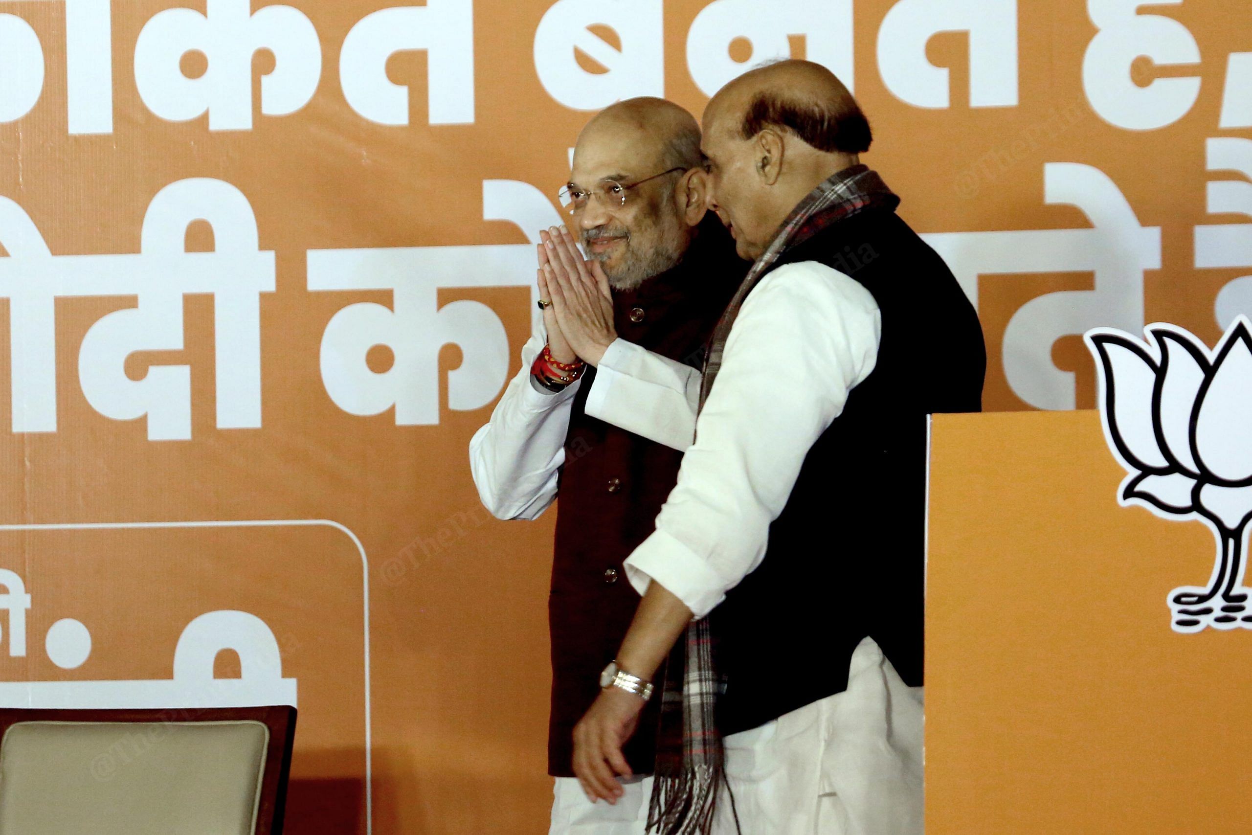Defence Minister Rajnath Singh and Union Home Minister Amit Shah during celebrations after party's victory in elections to the Legislative Assemblies of Madhya Pradesh, Rajasthan and Chhattisgarh, at BJP headquarters | Praveen Jain | ThePrint