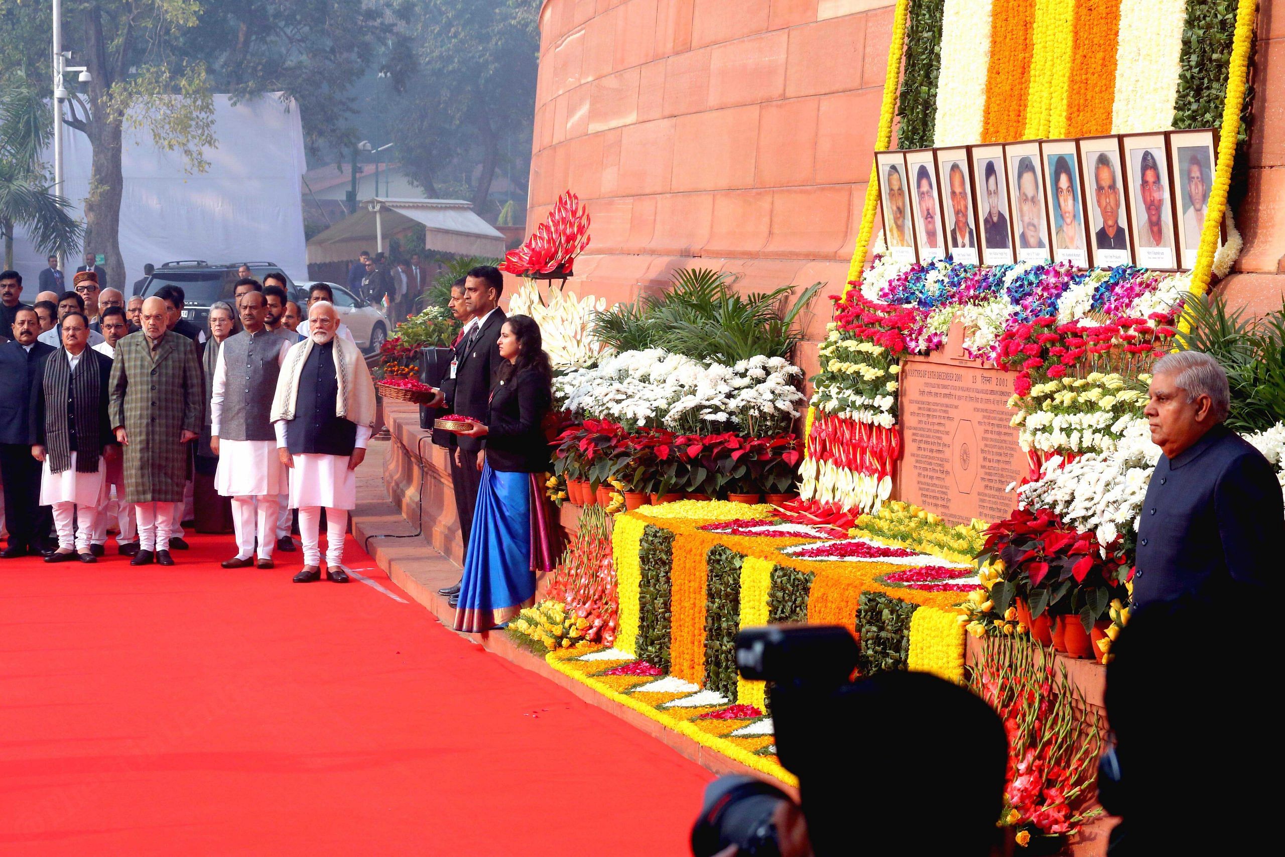 Vice-President Jagdeep Dhankhar, Lok Sabha Speaker Om Birla, PM Narendra Modi, Union Home Minister Amit Shah, BJP National President JP Nadda, Congress President Mallikarjun Kharge, Congress leader Sonia Gandhi and others senior leaders during a tribute ceremony to pay homage to those who lost their lives in the 2001 Parliament attack | Praveen Jain | ThePrint